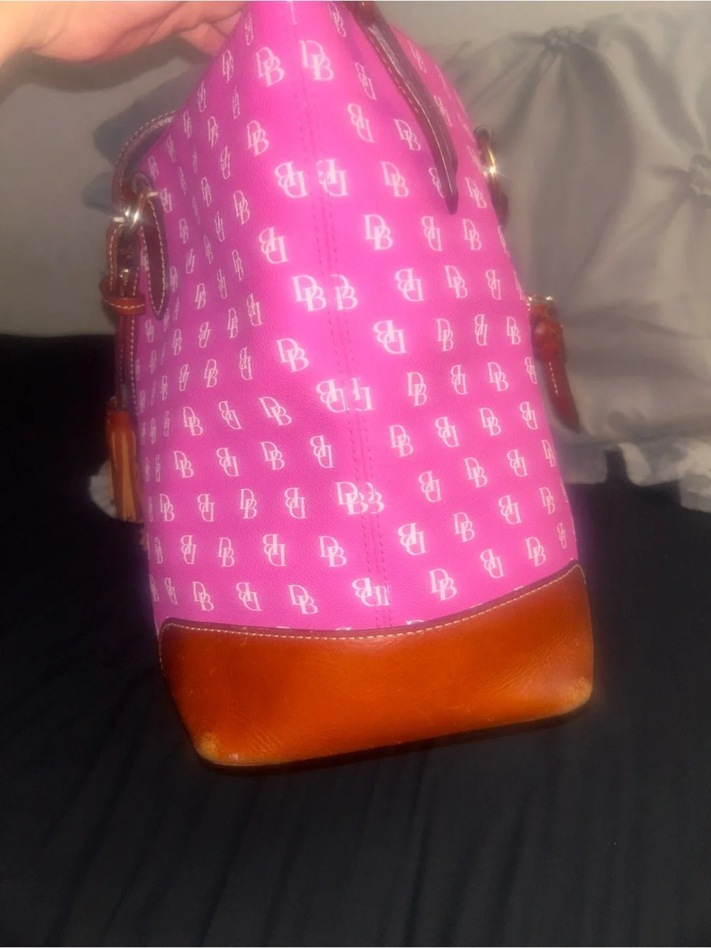 Dooney & Bourke Bright Pink Logo Tote with Brown Trim and Pearl Chain